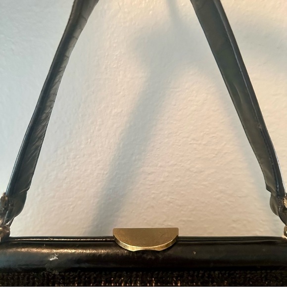 Vintage Petit Point Handbag Black Floral Leather Trimmed Wool Handstitched - Picture 6 of 16